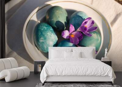 Blue eggs with purple crocuses Wall mural