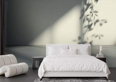 Minimalistic background for product presentation. Shadow and light from windows on a white neutral wall. Wall mural