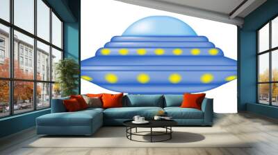 A floating cartoon flying saucer adorned with bright yellow lights that illuminate its sleek metal body. Isolated alien space travel vehicle. UFO day. Vector illustration. Wall mural