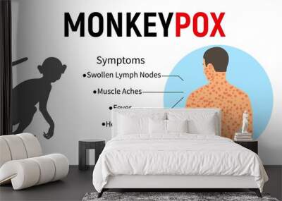 Banner with a silhouette of a monkey, a test tube for blood, with a text of the symptoms of monkeypox and a human body with a rash. Concept of a viral disease and its symptoms. Vector illustration. Wall mural