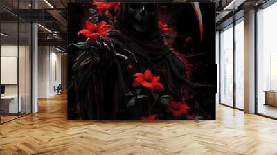 abstract art, a death reaper stand with many of darkness red flower, poster style, cinematic mood Wall mural