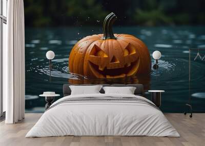 Halloween pumpkin isolated on water surface Wall mural