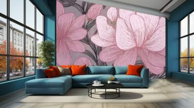 Hand drawn cute pink artistic flowers print. Modern botanical pattern. Fashionable template for design illustration Wall mural