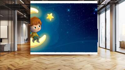 illustration of a boy sitting on the moon looking at a star Wall mural