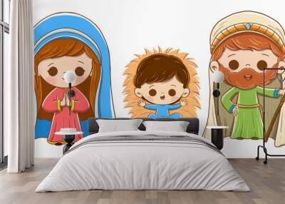 Nativity scene with Joseph, Mary and baby Jesus. White background with adorable drawings Wall mural