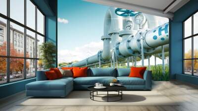 A hydrogen pipeline illustrating the transformation of the energy sector towards to ecology, carbon neutral, secure and independent energy sources to replace natural gas. 3d rendering Wall mural