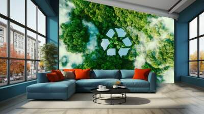 A lake in the shape of a recycling sign in the middle of untouched nature. An ecological metaphor for ecological waste management and a sustainable and economical lifestyle. 3d rendering. Wall mural