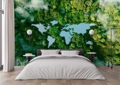 A lake in the shape of the world's continents in the middle of untouched nature. A metaphor for ecological travel, conservation, climate change, global warming and the fragility of nature.3d rendering Wall mural