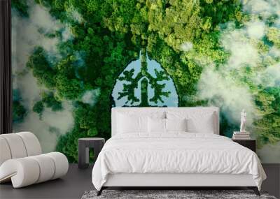 A metaphorical picture of the lungs of planet earth. An icon in the form of a lung-shaped pond in the middle of a wild, pristine and untouched forest. 3d rendering. Wall mural