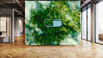 A pill-shaped water surface in the middle of lush nature serving as a metaphor for alternative healing and nature-based medicines. 3d rendering. Wall mural