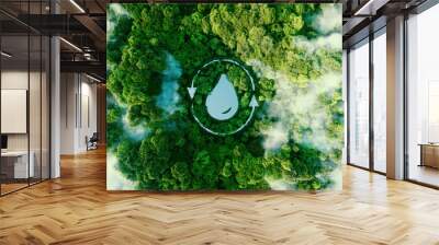 A water droplet shaped lake in the middle of untouched nature. An ecological metaphor for nature's ability to hold and purify water. 3d rendering. Wall mural