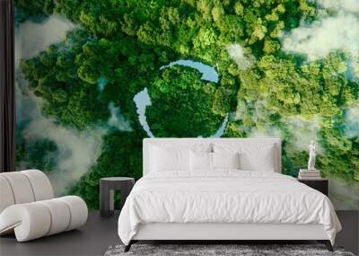 Abstract icon representing the ecological call to recycle and reuse in the form of a pond with a recycling symbol in the middle of a beautiful untouched jungle. 3d rendering. Wall mural