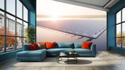 Aerial image of  floating solar power plant farm on calm lake  in beautifull sunset sunlight with misty forest landscape and cloudy sky in background. 3d rendering. Wall mural