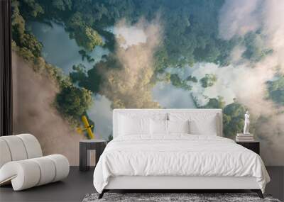 Aerial view of misty rainforest lakes in shape of world continents in dense jungle vegetation in beautiful late evening light. 3d rendering Wall mural