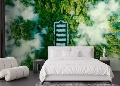 Concept depicting new possibilities for the development of ecological battery technologies and green energy storage in the form of a battery-shaped pond located in a lush forest. 3d rendering. Wall mural