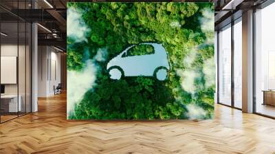 Concept depicting new possibilities for the development of electric and hybrid cars and the issue of ecological travel in the form of a car-shaped pond located in a lush forest. 3d rendering. Wall mural