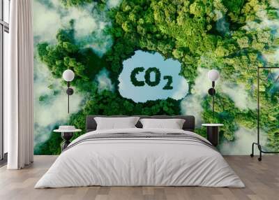 Concept depicting the issue of carbon dioxide emissions and its impact on nature in the form of a pond in the shape of a co2 symbol located in a lush forest. 3d rendering. Wall mural