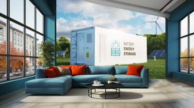 concept of a modern high-capacity battery energy storage system in a container located in the middle of a lush meadow with a forest in the background. 3d rendering Wall mural