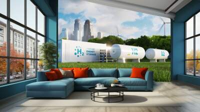 Concept of an energy storage system based on electrolysis of hydrogen in a clean environment with photovoltaics, wind farms and a city in the background. 3d rendering. Wall mural