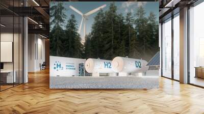 Concept of hydrogen energy storage from renewable sources - wind turbines and photovoltaics. 3d rendering Wall mural