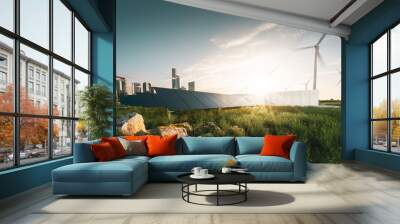 Concept of sustainable energy solution in beautifull sunset backlight. Frameless solar panels, battery energy storage facility, wind turbines and big city with skycrapers in background. 3d rendering. Wall mural