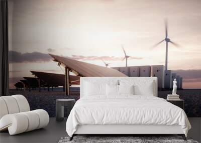 Dawn of new renewable energy technologies. Modern, aesthetic and efficient dark solar panel panels, a modular battery energy storage system and a wind turbine system in warm light. 3D rendering. Wall mural