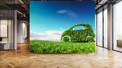 Eco friendly car development, clear ecology driving, no pollution and emmission transportation concept. 3d rendering of green car icon on fresh spring meadow with blue sky in background. Wall mural