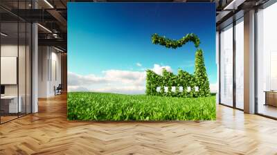 Eco friendly industry concept. 3d rendering of green factory icon on fresh spring meadow with blue sky in background. Wall mural