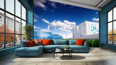 Ecology energy solution. Power to gas concept. Hydrogen energy storage with renewable energy sources - photovoltaic and wind turbine power plant in a fresh nature. 3d rendering. Wall mural