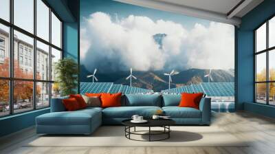 Floating solar power plant and offshore wind  turbine farm with majestic mountain background. 3d rendering. Wall mural