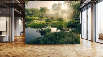 Fresh green paradise scenery - amazonian tropical rainforest environment with calm river in beautiful sunset light. 3d rendering. Wall mural