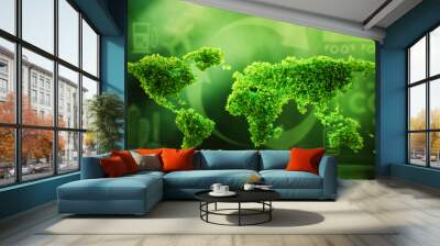 The concept of sustainability, climate protection and global warming in the form of a symbol of the world's continents covered with leaves on a lush green background. 3D rendering. Wall mural