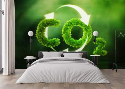 The issue of the impact of carbon dioxide on climate and global warming in the form of a CO2 symbol covered with leaves in a lush green environment. 3D illustration. Wall mural