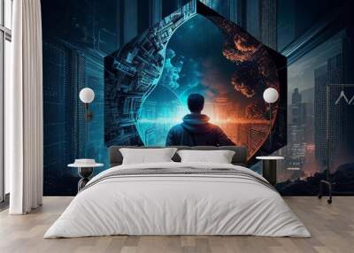 Metaverse Digital Cyber World Technology Concept Innovation Technology Future The Real World With The Virtual World Overlapped	
 Wall mural