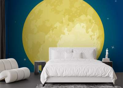 Yellow honey lunar full moon with glowing star light in the dark navy blue sky in flat style. Moon festival concept. Vector illustration Wall mural