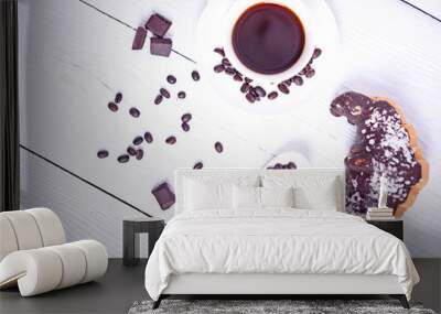 Fresh chocolate croissant with coffee and chocolate on white bac Wall mural