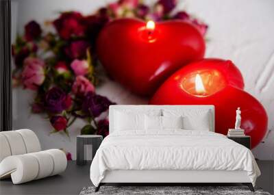 Background, texture for Valentine's day, two red hearts on a white background and figures 14 Wall mural