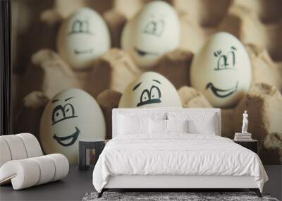 two funny smiling eggs in a packet. Wall mural