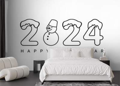 Vector design template for the number 2024 with snowman. The illustration includes a logo in the form of a black label, which can be used for diaries, notebooks, calendars, and web pages. This templat Wall mural