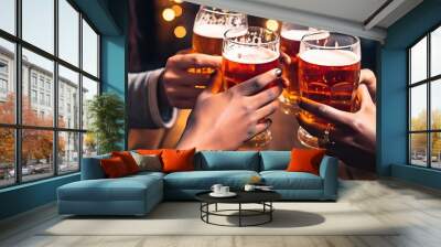 Group of people enjoying and toasting a beer in brewery pub , Friendship concept with young people having fun together Wall mural