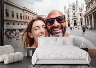 Happy couple taking selfie in front of cathedral in Italy, Two tourists having fun on romantic summer vacation in Italy ,Holidays and traveling lifestyle Wall mural