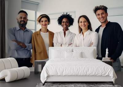 Happy diverse business people team standing together in office, group portrait. Smiling multiethnic international young professional employees company staff with older executive leader look at camera Wall mural