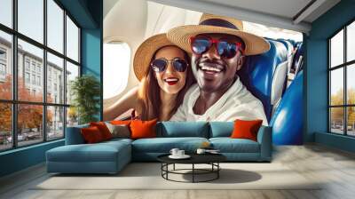 Happy tourist taking selfie inside airplane , Cheerful couple on summer vacation , Passengers boarding on plane , Holidays and transportation Wall mural