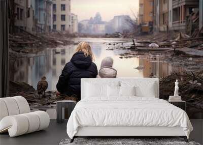 Sad mother and child looking the flooded city Wall mural