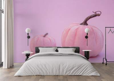 Two pink pumpkins on a pink background, top view, isolated, pink Halloween, velvet pumpkin surface, wallpaper for the holiday, autumn.
 Wall mural