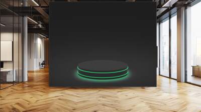 3d green neon light with black cylinder podium minimal studio dark background. Abstract 3d geometric shape object illustration render. Display for technology and business game product. Wall mural