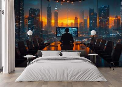 A businessman sits in a conference room with a view of a futuristic cityscape, looking at a screen. Wall mural