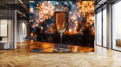 A champagne flute filled with bubbly sits on a wooden table with a blurry background of golden lights and fireworks. Wall mural