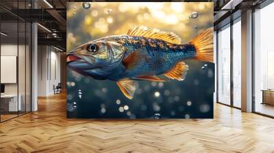 A close-up of a fish swimming in the water with bubbles around it. Wall mural