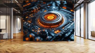 A close-up of a futuristic circuit board with a glowing orange gear in the center. Wall mural